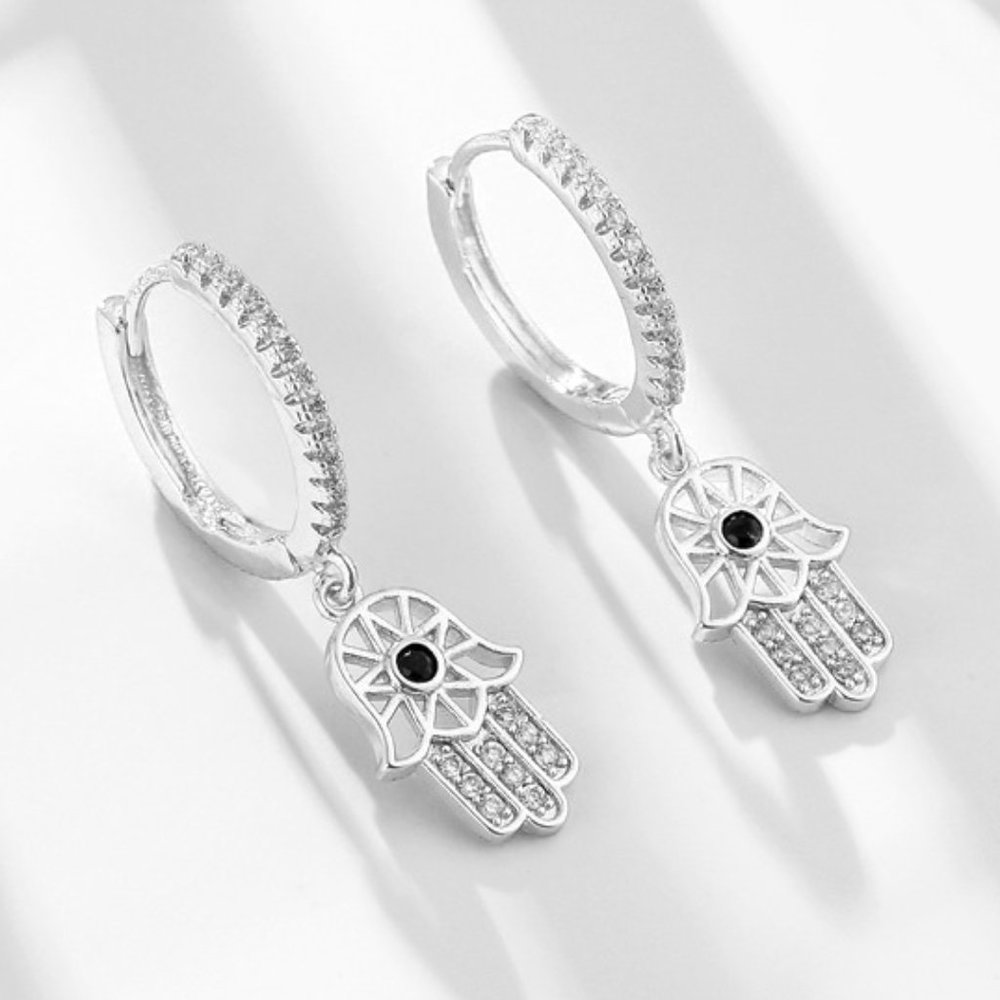 Hamsa Silver Evil Eye Hand Earrings - Picture 4 of 5